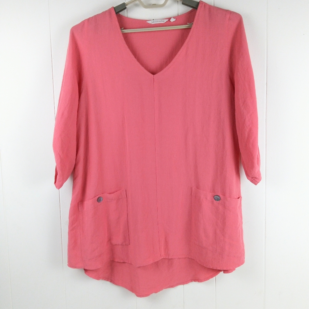 Soft Surroundings Tunic Top Women Size L Coral V-Neck Roll Tab Sleeves High Low